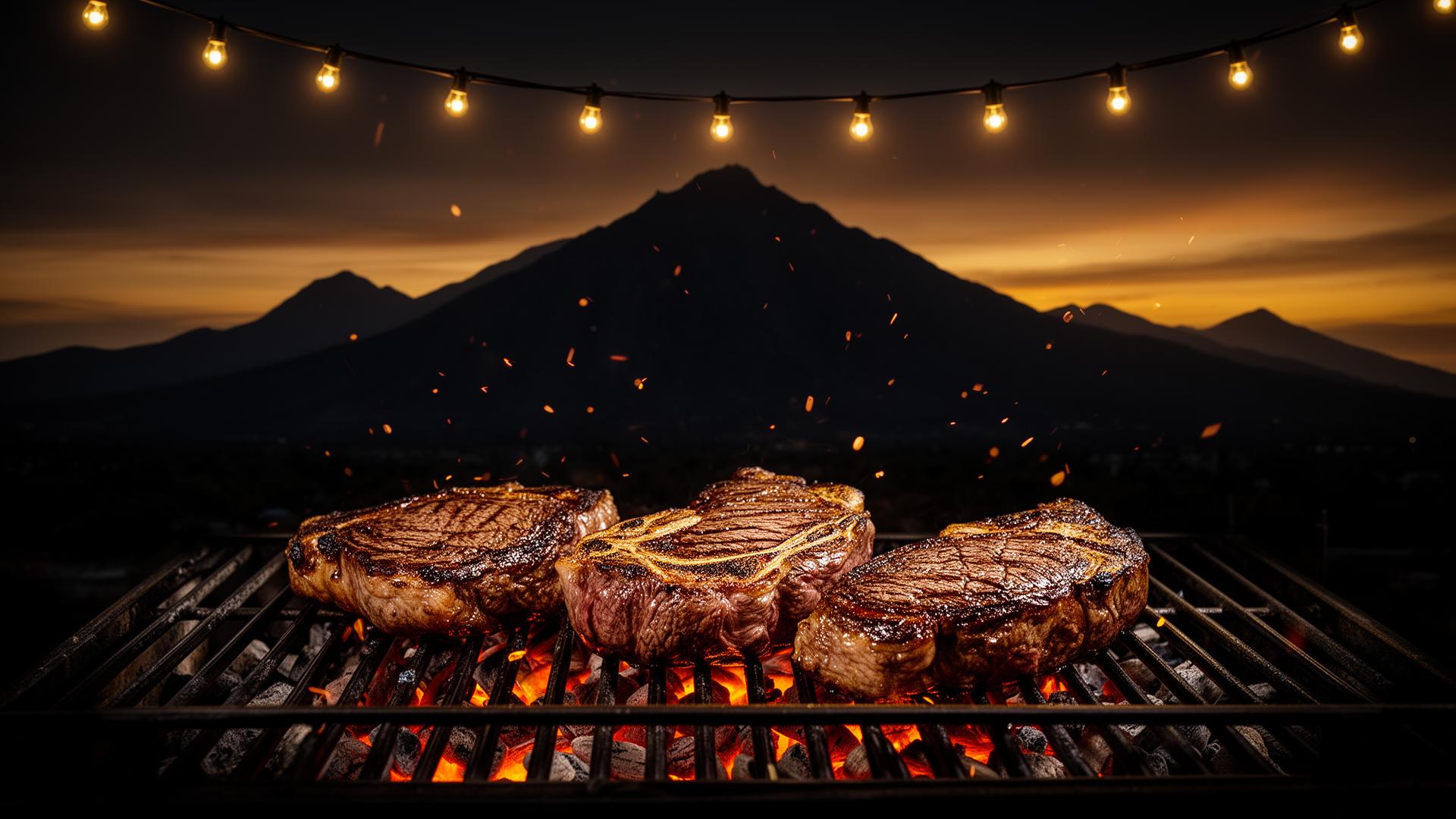 Cortes premium en parrilla con vista a las montañas de Monterrey